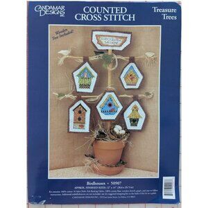 CANDAMAR Designs BIRDHOUSES TREASURE TREES Cross Stitch Kit Complete Wood Dowels